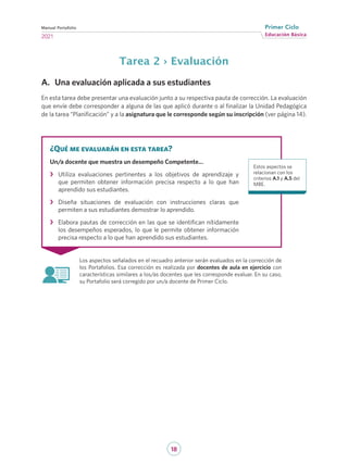 18
Educación Básica
Primer Ciclo
2021
Manual Portafolio
Tarea 2 › Evaluación
A.	 Una evaluación aplicada a sus estudiantes
En esta tarea debe presentar una evaluación junto a su respectiva pauta de corrección. La evaluación
que envíe debe corresponder a alguna de las que aplicó durante o al finalizar la Unidad Pedagógica
de la tarea “Planificación” y a la asignatura que le corresponde según su inscripción (ver página 14).
Los aspectos señalados en el recuadro anterior serán evaluados en la corrección de
los Portafolios. Esa corrección es realizada por docentes de aula en ejercicio con
características similares a los/as docentes que les corresponde evaluar. En su caso,
su Portafolio será corregido por un/a docente de Primer Ciclo.
¿Qué me evaluarán en esta tarea?
Un/a docente que muestra un desempeño Competente…
›
› Utiliza evaluaciones pertinentes a los objetivos de aprendizaje y
que permiten obtener información precisa respecto a lo que han
aprendido sus estudiantes.
›
› Diseña situaciones de evaluación con instrucciones claras que
permiten a sus estudiantes demostrar lo aprendido.
›
› Elabora pautas de corrección en las que se identifican nítidamente
los desempeños esperados, lo que le permite obtener información
precisa respecto a lo que han aprendido sus estudiantes.
Estos aspectos se
relacionan con los
criterios A.1 y A.5 del
MBE.
 