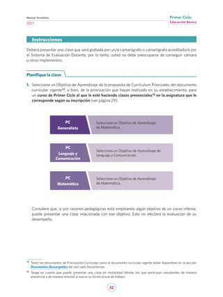32
Educación Básica
Primer Ciclo
2021
Manual Portafolio
Deberá presentar una clase que será grabada por un/a camarógrafo o camarógrafa acreditado/a por
el Sistema de Evaluación Docente, por lo tanto, usted no debe preocuparse de conseguir cámara
u otros implementos.
Planifique la clase
1.	 Seleccione un Objetivo de Aprendizaje de la propuesta de Currículum Priorizado, del documento
curricular vigente14, o bien, de la priorización que hayan realizado en su establecimiento, para
un curso de Primer Ciclo al que le esté haciendo clases presenciales15 en la asignatura que le
corresponde según su inscripción (ver página 29):
PC
Generalista
Seleccione un Objetivo de Aprendizaje
de Matemática.
PC
Lenguaje y
Comunicación
Seleccione un Objetivo de Aprendizaje de
Lenguaje y Comunicación.
PC
Matemática
Seleccione un Objetivo de Aprendizaje
de Matemática.
Considere que, si por razones pedagógicas está empleando algún objetivo de un curso inferior,
puede presentar una clase relacionada con ese objetivo. Esto no afectará la evaluación de su
desempeño.
Instrucciones
14	 Tanto los documentos de Priorización Curricular como el documento curricular vigente están disponibles en la sección
Documentos Descargables del sitio web Docentemás.
15	 Tenga en cuenta que puede presentar una clase en modalidad híbrida (en que participan estudiantes de manera
presencial y de manera remota) si esa es su forma actual de trabajo.
 