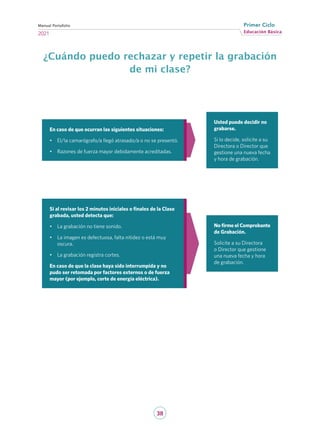 38
Educación Básica
Primer Ciclo
2021
Manual Portafolio
¿Cuándo puedo rechazar y repetir la grabación
de mi clase?
No firme el Comprobante
de Grabación.
Solicite a su Directora
o Director que gestione
una nueva fecha y hora
de grabación.
Si al revisar los 2 minutos iniciales o finales de la Clase
grabada, usted detecta que:
•	 La grabación no tiene sonido.
•	 La imagen es defectuosa, falta nitidez o está muy
oscura.
•	 La grabación registra cortes.
En caso de que la clase haya sido interrumpida y no
pudo ser retomada por factores externos o de fuerza
mayor (por ejemplo, corte de energía eléctrica).
Usted puede decidir no
grabarse.
Si lo decide, solicite a su
Directora o Director que
gestione una nueva fecha
y hora de grabación.
En caso de que ocurran las siguientes situaciones:
•	 El/la camarógrafo/a llegó atrasado/a o no se presentó.
•	 Razones de fuerza mayor debidamente acreditadas.
 