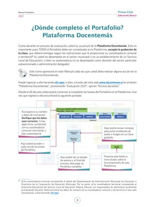 7
Educación Básica
Primer Ciclo
2021
Manual Portafolio
¿Dónde completo el Portafolio?
Plataforma Docentemás
Como docente en proceso de evaluación, usted es usuario/a de la Plataforma Docentemás. Esto es
importante pues TODO el Portafolio debe ser completado en la Plataforma, excepto la grabación de
la clase, que deberá entregar según las indicaciones que le proporcione su coordinador/a comunal
o territorial5 (si usted se desempeña en el sector municipal o en un establecimiento de un Servicio
Local de Educación), o bien su sostenedor/a (si se desempeña como docente del sector particular
subvencionado o administración delegada).
Este ícono aparecerá en este Manual cada vez que usted deba realizar alguna acción en la
Plataforma Docentemás.
Puede ingresar a ella haciendo clic aquí, o bien, a través del sitio web www.docentemas.cl en el botón
“Plataforma Docentemás”, presionando “Evaluación 2021”, opción “Acceso docentes”.
Desde el 26 de julio usted podrá comenzar a completar las tareas del Portafolio en la Plataforma. Una
vez que ingrese a ella encontrará la siguiente portada:
5	 El/la coordinador/a comunal corresponde al Jefe/a del Departamento de Administración Municipal de Educación o
Director/a de la Corporación de Educación Municipal. Por su parte, el/la coordinador/a territorial corresponde al
Director/a Ejecutivo/a del Servicio Local de Educación Pública. Ellos/as son responsables de administrar localmente
la Evaluación Docente. Podrá encontrar los datos de contacto de su coordinador/a comunal o territorial en el sitio web
Docentemás, o bien haciendo clic aquí.
Acá aparece su nombre
y datos de inscripción.
Verifique que los datos
sean correctos. Si hay
algún error, contáctese
con su coordinador/a
comunal o territorial, o
bien sostenedor/a.
Aquí podrá acceder a
cada una de las tareas
del Portafolio.
Aquí podrá ver su estado
de avance y, al final del
proceso, descargar su
Portafolio completo.
Aquí podrá revisar consejos
para evitar problemas de
audio o imagen en su Clase
grabada.
Presione este botón si
tiene dudas sobre el
funcionamiento de esta
Plataforma.
 