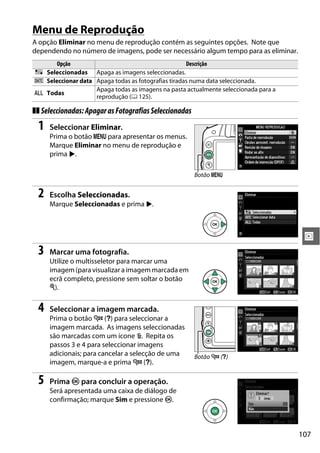 107
I
Menu de Reprodução
A opção Eliminar no menu de reprodução contém as seguintes opções. Note que
dependendo no número de imagens, pode ser necessário algum tempo para as eliminar.
❚❚ Seleccionadas:ApagarasFotografiasSeleccionadas
1 Seleccionar Eliminar.
Prima o botão G para apresentar os menus.
Marque Eliminar no menu de reprodução e
prima 2.
2 Escolha Seleccionadas.
Marque Seleccionadas e prima 2.
3 Marcar uma fotografia.
Utilize o multisseletor para marcar uma
imagem (para visualizara imagem marcada em
ecrã completo, pressione sem soltar o botão
X).
4 Seleccionar a imagem marcada.
Prima o botão W (Q) para seleccionar a
imagem marcada. As imagens seleccionadas
são marcadas com um ícone O. Repita os
passos 3 e 4 para seleccionar imagens
adicionais; para cancelar a selecção de uma
imagem, marque-a e prima W (Q).
5 Prima J para concluir a operação.
Será apresentada uma caixa de diálogo de
confirmação; marque Sim e pressione J.
Opção Descrição
Q Seleccionadas Apaga as imagens seleccionadas.
n Seleccionar data Apaga todas as fotografias tiradas numa data seleccionada.
R Todas
Apaga todas as imagens na pasta actualmente seleccionada para a
reprodução (0 125).
Botão G
Botão W (Q)
 