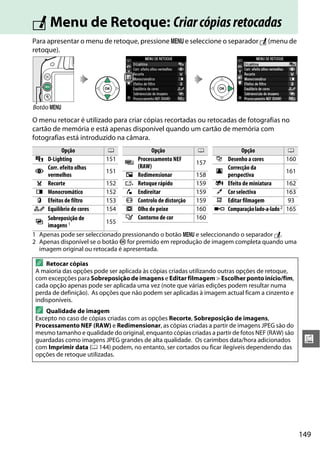 149
u
N Menu de Retoque: Criarcópiasretocadas
Para apresentar o menu de retoque, pressione G e seleccione o separador N (menu de
retoque).
O menu retocar é utilizado para criar cópias recortadas ou retocadas de fotografias no
cartão de memória e está apenas disponível quando um cartão de memória com
fotografias está introduzido na câmara.
Botão G
Opção 0 Opção 0 Opção 0
i D-Lighting 151
%
Processamento NEF
(RAW)
157
g Desenho a cores 160
j
Corr. efeito olhos
vermelhos
151 r
Correcção da
perspectiva
161
0 Redimensionar 158
k Recorte 152 & Retoque rápido 159 u Efeito de miniatura 162
l Monocromático 152 ' Endireitar 159 3 Cor selectiva 163
m Efeitos de filtro 153 ( Controlo de distorção 159 t Editar filmagem 93
n Equilíbrio de cores 154 ) Olho de peixe 160 p Comparaçãolado-a-lado2 165
o
Sobreposição de
imagens 1 155
q Contorno de cor 160
1 Apenas pode ser seleccionado pressionando o botão G e seleccionando o separador N.
2 Apenas disponível se o botão J for premido em reprodução de imagem completa quando uma
imagem original ou retocada é apresentada.
A Retocar cópias
A maioria das opções pode ser aplicada às cópias criadas utilizando outras opções de retoque,
com excepções para Sobreposição de imagens e Editar filmagem > Escolher ponto início/fim,
cada opção apenas pode ser aplicada uma vez (note que várias edições podem resultar numa
perda de definição). As opções que não podem ser aplicadas à imagem actual ficam a cinzento e
indisponíveis.
A Qualidade de imagem
Excepto no caso de cópias criadas com as opções Recorte, Sobreposição de imagens,
Processamento NEF (RAW) e Redimensionar, as cópias criadas a partir de imagens JPEG são do
mesmo tamanho e qualidade do original, enquanto cópias criadas a partir de fotos NEF (RAW) são
guardadas como imagens JPEG grandes de alta qualidade. Os carimbos data/hora adicionados
com Imprimir data (0 144) podem, no entanto, ser cortados ou ficar ilegíveis dependendo das
opções de retoque utilizadas.
 