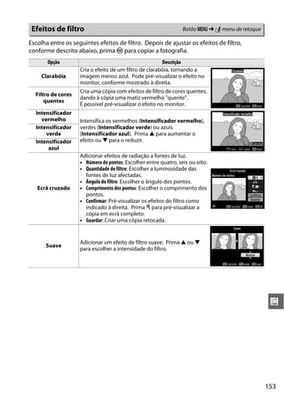 153
u
Escolha entre os seguintes efeitos de filtro. Depois de ajustar os efeitos de filtro,
conforme descrito abaixo, prima J para copiar a fotografia.
Efeitos de filtro Botão G ➜ N menu de retoque
Opção Descrição
Clarabóia
Cria o efeito de um filtro de clarabóia, tornando a
imagem menos azul. Pode pré-visualizar o efeito no
monitor, conforme mostrado à direita.
Filtro de cores
quentes
Cria uma cópia com efeitos de filtro de cores quentes,
dando à cópia uma matiz vermelho "quente".
É possível pré-visualizar o efeito no monitor.
Intensificador
vermelho Intensifica os vermelhos (Intensificador vermelho),
verdes (Intensificador verde) ou azuis
(Intensificador azul). Prima 1 para aumentar o
efeito ou 3 para o reduzir.
Intensificador
verde
Intensificador
azul
Ecrã cruzado
Adicionar efeitos de radiação a fontes de luz.
• Número de pontos: Escolher entre quatro, seis ou oito.
• Quantidade de filtro: Escolher a luminosidade das
fontes de luz afectadas.
• Ângulo do filtro: Escolher o ângulo dos pontos.
• Comprimento dos pontos: Escolher o comprimento dos
pontos.
• Confirmar: Pré-visualizar os efeitos do filtro como
indicado à direita. Prima X para pré-visualizar a
cópia em ecrã completo.
• Guardar: Criar uma cópia retocada.
Suave
Adicionar um efeito de filtro suave. Prima 1 ou 3
para escolher a intensidade do filtro.
 