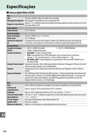 196
n
Especificações
❚❚ CâmaradigitalNikonD3200
Tipo
Tipo Câmara digital reflex de objectiva simples
Montagem da objectiva Montagem F da Nikon (com contactos AF)
Ângulo de visão efectivo
Aprox. 1,5 × distância focal da objectiva (equivalente ao formato de 35 mm);
formato Nikon DX
Pixéis efectivos
Pixéis efectivos 24,2 milhões
Sensor de imagem
Sensor de imagem Sensor CMOS 23,2 × 15,4 mm
Pixéis totais 24,7 milhões
Sistema de redução de
pó
Limpeza do sensor de imagem, dados de referência para remoção de
manchas na imagem (é necessário o software opcional Capture NX 2)
Armazenamento
Tamanho de imagem
(pixéis)
• 6016 × 4000 (Grande) • 4512 × 3000 (Médio)
• 3008 × 2000 (Pequeno)
Formato de ficheiros • NEF (RAW): 12 bits, comprimido
• JPEG: Compatível com JPEG-Baseline com compressão excelente
(aprox. 1 : 4), normal (aprox. 1 : 8) ou básica (aprox. 1 : 16)
• NEF (RAW)+JPEG: Cada fotografia é gravada em formato NEF (RAW) e em
formato JPEG
Sistema Picture Control Standard, Neutro, Vivo, Monocromático, Retrato, Paisagem; Picture Control
seleccionados podem ser modificados
Suportes Compatível com cartões de memória SD (Secure Digital) e UHS-I SDHC e
SDXC
Sistema de ficheiros DCF (Design Rule for Camera File System – Norma de design de sistema de
ficheiro para câmaras) 2.0, DPOF (Digital Print Order Format – Formato de
ordem de impressão digital), Exif (Exchangeable Image File Format for
Digital Still Cameras), 2.3, PictBridge
Visor
Visor Visor reflex de objectiva simples com penta-espelho ao nível do olho
Cobertura do
enquadramento
Aprox. Aprox. 95 % horizontal e 95 % vertical
Ampliação Aprox. 0,8 × (objectiva 50 mm f/1.4 em infinito, –1,0 m–1)
Ponto de visão do olho 18 mm (–1,0 m–1; desde a superfície central da objectiva da ocular do visor)
Ajuste dióptrico –1,7 – +0,5 m–1
Ecrã de focagem Ecrã tipo B BriteView Clear Matte Mark VII
Espelho reflex Retorno rápido
Abertura da objectiva Retorno instantâneo, controlado electronicamente
 