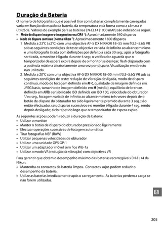 205
n
Duração da Bateria
O número de fotografias que é possível tirar com baterias completamente carregadas
varia em função do estado da bateria, da temperatura e da forma como a câmara é
utilizada. Valores de exemplo para as baterias EN-EL14 (1030 mAh) são indicados a seguir.
• Modo de disparo imagem-a-imagem (norma CIPA1): Aproximadamente 540 disparos
• Modo de disparo contínuo (norma Nikon 2): Aproximadamente 1800 disparos
1 Medido a 23°C (±2°C) com uma objectiva AF-S DX NIKKOR 18–55 mm f/3.5–5.6G VR
sob as seguintes condições de teste: objectiva variada de infinito ao alcance mínimo
e uma fotografia tirada com definições por defeito a cada 30 seg.; após a fotografia
ser tirada, o monitor é ligado durante 4 seg.; o verificador aguarda que o
temporizador de espera expire depois de o monitor se desligar; flash disparado com
a potência máxima aleatoriamente uma vez por disparo. Visualização em directo
não utilizada.
2 Medido a 20°C com uma objectiva AF-S DX NIKKOR 18–55 mm f/3.5–5.6G VR sob as
seguintes condições de teste: redução de vibração desligada, modo de disparo
contínuo, modo de focagem definido em AF-C, qualidade de imagem definida em
JPEG basic, tamanho de imagem definido em M (médio), equilíbrio de brancos
definido em v, sensibilidade ISO definida em ISO 100, velocidade do obturador
1/250 seg., focagem variada de infinito ao alcance mínimo três vezes depois de o
botão de disparo do obturador ter sido ligeiramente premido durante 3 seg.; são
então efectuados seis disparos sucessivos e o monitor é ligado durante 4 seg. sendo
depois desligado; ciclo repetido logo que o temporizador de espera expire.
As seguintes acções podem reduzir a duração da bateria:
• Utilizar o monitor
• Manter o botão de disparo do obturador pressionado ligeiramente
• Efectuar operações sucessivas de focagem automática
• Tirar fotografias NEF (RAW)
• Utilizar pequenas velocidades de obturador
• Utilizar uma unidade GPS GP-1
• Utilizar um adaptador móvel sem fios WU-1a
• Utilizar o modo VR (redução da vibração) com objectivas VR
Para garantir que obtém o desempenho máximo das baterias recarregáveis EN-EL14 da
Nikon:
• Mantenha os contactos da bateria limpos. Contactos sujos podem reduzir o
desempenho da bateria.
• Utilize as baterias imediatamente após o carregamento. As baterias perdem a carga se
não forem utilizadas.
 