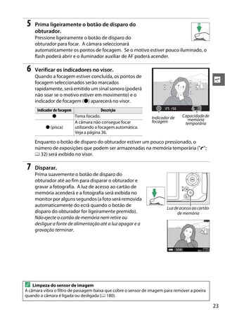 23
s
5 Prima ligeiramente o botão de disparo do
obturador.
Pressione ligeiramente o botão de disparo do
obturador para focar. A câmara seleccionará
automaticamente os pontos de focagem. Se o motivo estiver pouco iluminado, o
flash poderá abrir e o iluminador auxiliar de AF poderá acender.
6 Verificar os indicadores no visor.
Quando a focagem estiver concluída, os pontos de
focagem seleccionados serão marcados
rapidamente, será emitido um sinal sonoro (poderá
não soar se o motivo estiver em movimento) e o
indicador de focagem (I) aparecerá no visor.
Enquanto o botão de disparo do obturador estiver um pouco pressionado, o
número de exposições que podem ser armazenadas na memória temporária ("t";
0 32) será exibido no visor.
7 Disparar.
Prima suavemente o botão de disparo do
obturador até ao fim para disparar o obturador e
gravar a fotografia. A luz de acesso ao cartão de
memória acenderá e a fotografia será exibida no
monitor por alguns segundos (a foto será removida
automaticamente do ecrã quando o botão de
disparo do obturador for ligeiramente premido).
Não ejecte o cartão de memória nem retire ou
desligue a fonte de alimentação até a luz apagar e a
gravação terminar.
Indicador de focagem Descrição
I Tema focado.
I (pisca)
A câmara não consegue focar
utilizando a focagem automática.
Veja a página 36.
A Limpeza do sensor de imagem
A câmara vibra o filtro de passagem baixa que cobre o sensor de imagem para remover a poeira
quando a câmara é ligada ou desligada (0 180).
Indicador de
focagem
Capacidadede
memória
temporária
Luzdeacessoaocartão
de memória
 