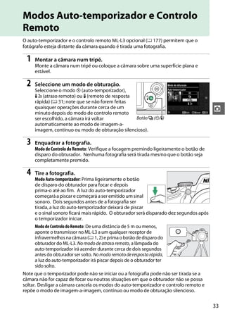 33
z
Modos Auto-temporizador e Controlo
Remoto
O auto-temporizador e o controlo remoto ML-L3 opcional (0 177) permitem que o
fotógrafo esteja distante da câmara quando é tirada uma fotografia.
1 Montar a câmara num tripé.
Monte a câmara num tripé ou coloque a câmara sobre uma superfície plana e
estável.
2 Seleccione um modo de obturação.
Seleccione o modo E (auto-temporizador),
" (atraso remoto) ou # (remoto de resposta
rápida) (0 31; note que se não forem feitas
quaisquer operações durante cerca de um
minuto depois do modo de controlo remoto
ser escolhido, a câmara irá voltar
automaticamente ao modo de imagem-a-
imagem, contínuo ou modo de obturação silencioso).
3 Enquadrar a fotografia.
Modo de Controlo do Remoto: Verifique a focagem premindo ligeiramente o botão de
disparo do obturador. Nenhuma fotografia será tirada mesmo que o botão seja
completamente premido.
4 Tire a fotografia.
Modo Auto-temporizador: Prima ligeiramente o botão
de disparo do obturador para focar e depois
prima-o até ao fim. A luz do auto-temporizador
começará a piscar e começará a ser emitido um sinal
sonoro. Dois segundos antes de a fotografia ser
tirada, a luz do auto-temporizador deixará de piscar
e o sinal sonoro ficará mais rápido. O obturador será disparado dez segundos após
o temporizador iniciar.
Modo de ControlodoRemoto: De uma distância de 5 m ou menos,
aponte o transmissor no ML-L3 a um qualquer receptor de
infravermelhos na câmara (0 1, 2) e prima o botão de disparo do
obturador do ML-L3. No modo de atraso remoto, a lâmpada do
auto-temporizador irá acender durante cerca de dois segundos
antes do obturador ser solto. Nomodoremoto derespostarápida,
a luz do auto-temporizador irá piscar depois de o obturador ter
sido solto.
Note que o temporizador pode não se iniciar ou a fotografia pode não ser tirada se a
câmara não for capaz de focar ou noutras situações em que o obturador não se possa
soltar. Desligar a câmara cancela os modos do auto-temporizador e controlo remoto e
repõe o modo de imagem-a-imagem, contínuo ou modo de obturação silencioso.
Botão I (E/#)
 