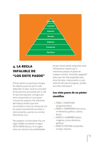 de que nuestro póster tenga éxito serán4. LA REGLA
infinitamente mayores que si
INFALIBLE DE intentamos preparar el póster de
cualquier manera, “cortando y pegando”
“LOS SIETE PASOS” textos que han sido preparados para
otros formatos, improvisando, o justo
El buen póster es aquel que consigue antes de salir para el congreso. ¿Cuáles
los objetivos para los que ha sido son estos siete pasos?
elaborado. Es decir, atrae la curiosidad
de las personas que pasean por la sala Los siete pasos de un póster
en que está expuesto, consigue que
científicoéstas comprendan en unos pocos
minutos los aspectos más relevantes
PASO I. PLANIFICARdel trabajo científico que está
(preguntas/ideas)resumiendo e invita a la interacción con
PASO II. COMPONER (estructura,los autores (comentarlo con éstos si
nº elementos gráficos, colores,están presentes, apuntar sus correos
letras)electrónicos, etc.).
PASO III. ELABORAR (textos,
imágenes y otros elementosPara preparar un buen póster hay una
gráficos)regla infalible consistente en seguir
PASO IV. REVISAR (comprobar,SIETE PASOS básicos. Si se siguen
corregir, mejorar)estos con atención, las probabilidades
•
•
•
•
Presentar
Trasladar
Imprimir
Revisar
Elaborar
Componer
Planificar
13
 