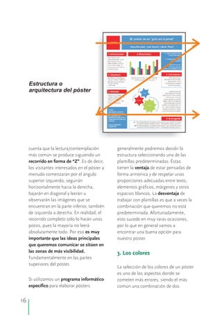 cuenta que la lectura/contemplación generalmente podremos decidir la
más común se produce siguiendo un estructura seleccionando una de las
recorrido en forma de “Z”. Es de decir, plantillas predeterminadas. Éstas
los visitantes interesados en el póster a tienen la ventaja de estar pensadas de
menudo comenzaran por el ángulo forma armónica y de respetar unas
superior izquierdo, seguirán proporciones adecuadas entre texto,
horizontalmente hacia la derecha, elementos gráficos, márgenes y otros
bajarán en diagonal y leerán u espacios blancos. La desventaja de
observarán las imágenes que se trabajar con plantillas es que a veces la
encuentran en la parte inferior, también combinación que queremos no está
de izquierda a derecha. En realidad, el predeterminada. Afortunadamente,
recorrido completo sólo lo harán unos esto sucede en muy raras ocasiones,
pocos, pues la mayoría no leerá por lo que en general vamos a
absolutamente todo. Por eso es muy encontrar una buena opción para
importante que las ideas principales nuestro poster.
que queremos comunicar se sitúen en
las zonas de más visibilidad.
Fundamentalmente en las partes
superiores del póster.
La selección de los colores de un póster
es uno de los aspectos donde se
Si utilizamos un programa informático cometen más errores, siendo el más
específico para elaborar pósters común una combinación de dos
3. Los colores
Estructura o
arquitectura del póster
16
 