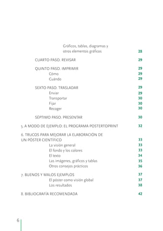 Gráficos, tablas, diagramas y
otros elementos gráficos
CUARTO PASO. REVISAR
QUINTO PASO. IMPRIMIR
Cómo
Cuándo
SEXTO PASO. TRASLADAR
Enviar
Transportar
Fijar
Recoger
SÉPTIMO PASO. PRESENTAR
5. A MODO DE EJEMPLO: EL PROGRAMA POSTERTOPRINT
6. TRUCOS PARA MEJORAR LA ELABORACIÓN DE
UN PÓSTER CIENTÍFICO
La visión general
El fondo y los colores
El texto
Las imágenes, gráficos y tablas
Otros consejos prácticos
7. BUENOS Y MALOS EJEMPLOS
El póster como visión global
Los resultados
8. BIBLIOGRAFÍA RECOMENDADA
6
28
29
29
29
29
29
29
30
30
30
30
32
33
33
33
34
35
36
37
37
38
42
 