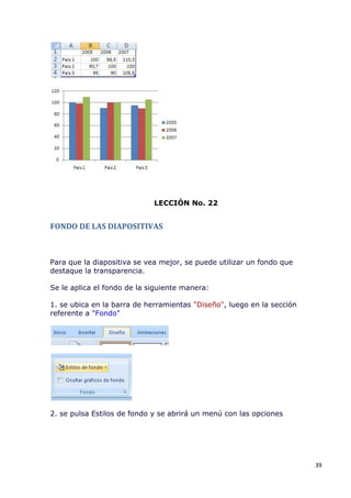 LECCIÓN No. 22


FONDO DE LAS DIAPOSITIVAS



Para que la diapositiva se vea mejor, se puede utilizar un fondo que
destaque la transparencia.

Se le aplica el fondo de la siguiente manera:

1. se ubica en la barra de herramientas "Diseño", luego en la sección
referente a "Fondo"




2. se pulsa Estilos de fondo y se abrirá un menú con las opciones




                                                                        39
 