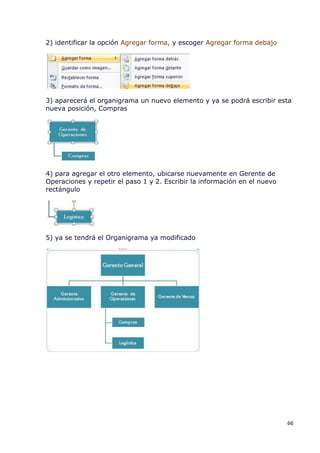 2) identificar la opción Agregar forma, y escoger Agregar forma debajo




3) aparecerá el organigrama un nuevo elemento y ya se podrá escribir esta
nueva posición, Compras




4) para agregar el otro elemento, ubicarse nuevamente en Gerente de
Operaciones y repetir el paso 1 y 2. Escribir la información en el nuevo
rectángulo




5) ya se tendrá el Organigrama ya modificado




                                                                           66
 