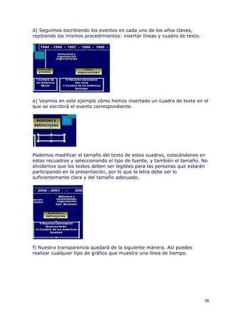 d) Seguimos escribiendo los eventos en cada uno de los años claves,
repitiendo los mismos procedimientos: insertar líneas y cuadro de texto.




e) Veamos en este ejemplo cómo hemos insertado un cuadro de texto en el
que se escribirá el evento correspondiente.




Podemos modificar el tamaño del texto de estos cuadros, colocándonos en
estos recuadros y seleccionando el tipo de fuente, y también el tamaño. No
olvidemos que los textos deben ser legibles para las personas que estarán
participando en la presentación, por lo que la letra debe ser lo
suficientemente clara y del tamaño adecuado.




f) Nuestra transparencia quedará de la siguiente manera. Así puedes
realizar cualquier tipo de gráfico que muestre una línea de tiempo.




                                                                           98
 