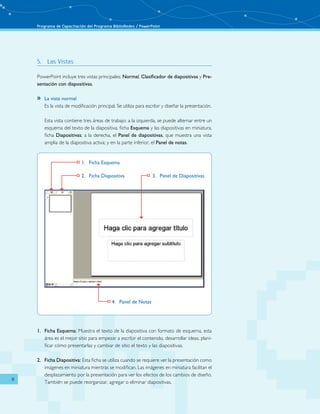 Programa de Capacitación del Programa BiblioRedes / PowerPoint 
8 
5. Las Vistas 
PowerPoint incluye tres vistas principales: Normal, Clasificador de diapositivas y Pre-sentación 
con diapositivas. 
»» La vista normal 
Es la vista de modificación principal. Se utiliza para escribir y diseñar la presentación. 
Esta vista contiene tres áreas de trabajo: a la izquierda, se puede alternar entre un 
esquema del texto de la diapositiva, ficha Esquema y las diapositivas en miniatura, 
ficha Diapositivas; a la derecha, el Panel de diapositivas, que muestra una vista 
amplia de la diapositiva activa; y en la parte inferior, el Panel de notas. 
1. Ficha Esquema 
2. Ficha Diapositiva 
3. Panel de Diapositivas 
4. Panel de Notas 
1. Ficha Esquema: Muestra el texto de la diapositiva con formato de esquema, esta 
área es el mejor sitio para empezar a escribir el contenido, desarrollar ideas, plani-ficar 
cómo presentarlas y cambiar de sitio el texto y las diapositivas. 
2. Ficha Diapositiva: Esta ficha se utiliza cuando se requiere ver la presentación como 
imágenes en miniatura mientras se modifican. Las imágenes en miniatura facilitan el 
desplazamiento por la presentación para ver los efectos de los cambios de diseño. 
También se puede reorganizar, agregar o eliminar diapositivas. 
 