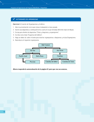 Programa de Capacitación del Programa BiblioRedes / PowerPoint 
48 
TT Acit vaddi es de Apr endi zaje 
Ejercicio 1: Creación de Organigramas y Gráficos 
1. Abra la presentación con la que estuvo trabajando la clase pasada. 
2. Inserte una diapositiva a continuación de la cuarta en la que introdujo diferentes tipos de dibujos. 
3. Escoja para diseño de diapositiva “Título y diagrama y organigrama”. 
4. Escriba como título “Esquema del Edificio”. 
5. Haga un doble clic sobre el botón para insertar organigramas o diagramas y escoja Organigrama. 
6. Reproduzca el siguiente organigrama: 
Ahora responda la autoevaluación de la página 61 para que vea sus avances. 
 