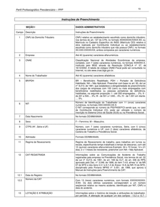 Perfil Profissiográfico Previdenciário – PPP 10
Instruções de Preenchimento
SEÇÃO I DADOS ADMINISTRATIVOS
Campo Descrição Instruções de Preenchimento
1 CNPJ do Domicílio Tributário CNPJ relativo ao estabelecimento escolhido como domicílio tributário,
nos termos do art. 127 do CTN, no formato XXXXXXXX/XXXX-XX; ou
Matrícula no Cadastro Específico do INSS (Matrícula CEI) relativa à
obra realizada por Contribuinte Individual ou ao estabelecimento
escolhido como domicílio tributário que não possua CNPJ, no formato
XX.XXX.XXXXX/XX, ambos compostos por caracteres numéricos.
2 Empresa Até 40 (quarenta) caracteres alfanuméricos.
3 CNAE Classificação Nacional de Atividades Econômicas da empresa,
completo, com 7 (sete) caracteres numéricos, no formato XXXXXX-X,
instituído pelo IBGE através da Resolução CONCLA nº 07, de
16/12/2002. A tabela de códigos CNAE-Fiscal pode ser consultada na
Internet, no site www.cnae.ibge.gov.br.
4 Nome do Trabalhador Até 40 (quarenta) caracteres alfabéticos
5 BR/PDH BR – Beneficiário Reabilitado; PDH – Portador de Deficiência
Habilitado; NA – Não Aplicável. Preencher com base no art. 93, da Lei
nº 8.213, de 1991, que estabelece a obrigato
riedade do preenchimento
dos cargos de empresas com 100 (cem) ou mais empregados com
beneficiários reabilitados ou pessoas portadoras de deficiência,
habilitadas, na seguinte proporção: I - até 200 empregados.... 2%; II -
de 201 a 500.... 3%; III - de 501 a 1.000... 4%; IV - de 1.001 em diante.
.... 5%.
6 NIT
Número de Identificação do Trabalhador com 11 (onze) caracteres
numéricos, no formato XXX.XXXXX.XX-X.
O NIT corresponde ao número do PIS/PASEP/CI sendo que, no caso
de Contribuinte Individual (CI), pode ser utilizado o número de
inscrição no Sistema Único de Saúde (SUS) ou na Previdência Social.
7 Data Nascimento No formato DD/MM/AAAA.
8 Sexo F – Feminino; M – Masculino.
9 CTPS (Nº, Série e UF) Número, com 7 (sete) caracteres numéricos, Série, com 5 (cinco)
caracteres numéricos e UF, com 2 (dois) caracteres alfabéticos, da
Carteira de Trabalho e Previdência Social.
10 Admissão Formato DD/MM/AAAA.
11 Regime de Revezamento Regime de Revezamento de trabalho, para trabalhos em turnos ou
escala, especificando tempo trabalhado e tempo de descanso, com até
15 (quinze) caracteres alfanuméricos.Exemplo: 24 x 72 horas; 14 x 21
dias; 2 x 1 meses.Se inexistente, preencher com NA – Não Aplicável.
12 CAT REGISTRADA Informações sobre as Comunicações de Acidente do Trabalho
registradas pela empresa na Previdência Social, nos termos do art. 22
da Lei nº 8.213, de 1991, do art. 169 da CLT, do art. 336 do RPS,
aprovado pelo Dec. nº 3.048, de 1999, do item 7.4.8, alínea “a” da NR
-
07 do MTE e dos itens 4.3.1 e 6.1.2 do Anexo 13-A da NR-15 do MTE,
disciplinado pela Portaria MPAS nº 5.051, de 1999, que aprova o
Manual de Instruções para Preenchimento da CAT.
12.1 Data do Registro No formato DD/MM/AAAA.
12.2
Número da CAT
Com 13 (treze) caracteres numéricos, com formato XXXXXXXXXX-
X/XX. Os dois últimos caracteres correspondem a um número
seqüencial relativo ao mesmo acidente, identificado por NIT, CNPJ e
data do acidente.
13 LOTAÇÃO E ATRIBUIÇÃO Informações sobre o histórico de lotação e atribuições do trabalhador,
por período. A alteração de qualquer um dos campos - 13.2 a 13.7 -
 
