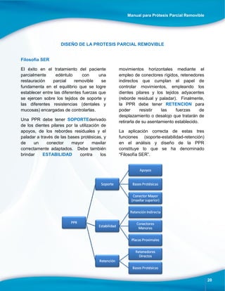 Manual para Prótesis Parcial Removible
20
DISEÑO DE LA PROTESIS PARCIAL REMOVIBLE
Filosofía SER
El éxito en el tratamiento del paciente
parcialmente edéntulo con una
restauración parcial removible se
fundamenta en el equilibrio que se logre
establecer entre las diferentes fuerzas que
se ejercen sobre los tejidos de soporte y
las diferentes resistencias (dentales y
mucosas) encargadas de controlarlas.
Una PPR debe tener SOPORTEderivado
de los dientes pilares por la utilización de
apoyos, de los rebordes residuales y el
paladar a través de las bases protésicas, y
de un conector mayor maxilar
correctamente adaptados. Debe también
brindar ESTABILIDAD contra los
movimientos horizontales mediante el
empleo de conectores rígidos, retenedores
indirectos que cumplan el papel de
controlar movimientos, empleando los
dientes pilares y los tejidos adyacentes
(reborde residual y paladar). Finalmente,
la PPR debe tener RETENCION para
poder resistir las fuerzas de
desplazamiento o desalojo que tratarán de
retirarla de su asentamiento establecido.
La aplicación correcta de estas tres
funciones (soporte-estabilidad-retención)
en el análisis y diseño de la PPR
constituye lo que se ha denominado
“Filosofía SER”.
 