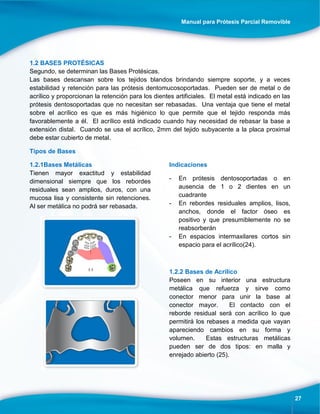 Manual para Prótesis Parcial Removible
27
1.2 BASES PROTÉSICAS
Segundo, se determinan las Bases Protésicas.
Las bases descansan sobre los tejidos blandos brindando siempre soporte, y a veces
estabilidad y retención para las prótesis dentomucosoportadas. Pueden ser de metal o de
acrílico y proporcionan la retención para los dientes artificiales. El metal está indicado en las
prótesis dentosoportadas que no necesitan ser rebasadas. Una ventaja que tiene el metal
sobre el acrílico es que es más higiénico lo que permite que el tejido responda más
favorablemente a él. El acrílico está indicado cuando hay necesidad de rebasar la base a
extensión distal. Cuando se usa el acrílico, 2mm del tejido subyacente a la placa proximal
debe estar cubierto de metal.
Tipos de Bases
1.2.1Bases Metálicas
Tienen mayor exactitud y estabilidad
dimensional siempre que los rebordes
residuales sean amplios, duros, con una
mucosa lisa y consistente sin retenciones.
Al ser metálica no podrá ser rebasada.
Indicaciones
- En prótesis dentosoportadas o en
ausencia de 1 o 2 dientes en un
cuadrante
- En rebordes residuales amplios, lisos,
anchos, donde el factor óseo es
positivo y que presumiblemente no se
reabsorberán
- En espacios intermaxilares cortos sin
espacio para el acrílico(24).
1.2.2 Bases de Acrílico
Poseen en su interior una estructura
metálica que refuerza y sirve como
conector menor para unir la base al
conector mayor. El contacto con el
reborde residual será con acrílico lo que
permitirá los rebases a medida que vayan
apareciendo cambios en su forma y
volumen. Estas estructuras metálicas
pueden ser de dos tipos: en malla y
enrejado abierto (25).
 