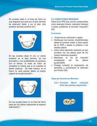 Manual para Prótesis Parcial Removible
45
En arcadas clase II, la línea de fulcro es
una diagonal que pasa por el pilar del lado
de extensión distal, y por el pilar más
posterior del lado contrario (61).
En las arcadas clase III con un diente
posterior en el lado derecho, de mal
pronóstico y con posibilidades de perderse
con el tiempo, la línea de fulcro se
considera la misma que si no existiera el
diente posterior. De esta manera, en el
futuro no será preciso alterar el diseño
original de la estructura(61).
En una arcada Clase IV, la línea de fulcro
pasa por los pilares adyacentes al espacio
edéntulo(61).
2.2 CONECTORES MENORES
Parte de la PPR que une los componentes
como retenedor directo, retenedor indirecto
o bases protésicas al conector mayor(61)
(63)
Funciones:
a. Proporcionar unificación y rigidez
b. Distribuyen las fuerzas, transfiriéndolas
desde el conector mayor a otras partes
de la PPR y desde la prótesis a los
dientes pilares
c. Actúa como elemento recíproco ya que
contacta con los planos guía de los
brazos retentivos opuestos
d. Mantienen la vía de inserción
contactando con los planos
guía(53)(64).
e. Protege evitando la impactación de
alimentos y aumentando la retención
por fricción (65).
Tipos de Conectores Menores
2.2.1 Conector Menor colocado
entre dos dientes adyacentes
 