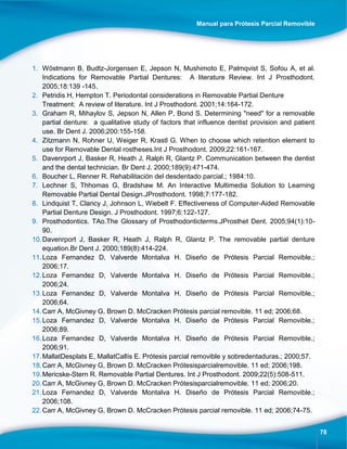Manual para Prótesis Parcial Removible
78
1. Wöstmann B, Budtz-Jorgensen E, Jepson N, Mushimoto E, Palmqvist S, Sofou A, et al.
Indications for Removable Partial Dentures: A literature Review. Int J Prosthodont.
2005;18:139 -145.
2. Petridis H, Hempton T. Periodontal considerations in Removable Partial Denture
Treatment: A review of literature. Int J Prosthodont. 2001;14:164-172.
3. Graham R, Mihaylov S, Jepson N, Allen P, Bond S. Determining "need" for a removable
partial denture: a qualitative study of factors that influence dentist provision and patient
use. Br Dent J. 2006;200:155-158.
4. Zitzmann N, Rohner U, Weiger R, Krastl G. When to choose which retention element to
use for Removable Dental rostheses.Int J Prosthodont. 2009;22:161-167.
5. Davenrport J, Basker R, Heath J, Ralph R, Glantz P. Communication between the dentist
and the dental technician. Br Dent J. 2000;189(9):471-474.
6. Boucher L, Renner R. Rehabilitación del desdentado parcial.; 1984:10.
7. Lechner S, Thhomas G, Bradshaw M. An Interactive Multimedia Solution to Learning
Removable Partial Dental Design.JProsthodont. 1998;7:177-182.
8. Lindquist T, Clancy J, Johnson L, Wiebelt F. Effectiveness of Computer-Aided Removable
Partial Denture Design. J Prosthodont. 1997;6:122-127.
9. Prosthodontics. TAo.The Glossary of Prosthodonticterms.JProsthet Dent. 2005;94(1):10-
90.
10.Davenrport J, Basker R, Heath J, Ralph R, Glantz P. The removable partial denture
equation.Br Dent J. 2000;189(8):414-224.
11.Loza Fernandez D, Valverde Montalva H. Diseño de Prótesis Parcial Removible.;
2006;17.
12.Loza Fernandez D, Valverde Montalva H. Diseño de Prótesis Parcial Removible.;
2006;24.
13.Loza Fernandez D, Valverde Montalva H. Diseño de Prótesis Parcial Removible.;
2006;64.
14.Carr A, McGivney G, Brown D. McCracken Prótesis parcial removible. 11 ed; 2006;68.
15.Loza Fernandez D, Valverde Montalva H. Diseño de Prótesis Parcial Removible.;
2006;89.
16.Loza Fernandez D, Valverde Montalva H. Diseño de Prótesis Parcial Removible.;
2006;91.
17.MallatDesplats E, MallatCallís E. Prótesis parcial removible y sobredentaduras.; 2000;57.
18.Carr A, McGivney G, Brown D. McCracken Prótesisparcialremovible. 11 ed; 2006;198.
19.Mericske-Stern R. Removable Partial Dentures. Int J Prosthodont. 2009;22(5):508-511.
20.Carr A, McGivney G, Brown D. McCracken Prótesisparcialremovible. 11 ed; 2006;20.
21.Loza Fernandez D, Valverde Montalva H. Diseño de Prótesis Parcial Removible.;
2006;108.
22.Carr A, McGivney G, Brown D. McCracken Prótesis parcial removible. 11 ed; 2006;74-75.
 
