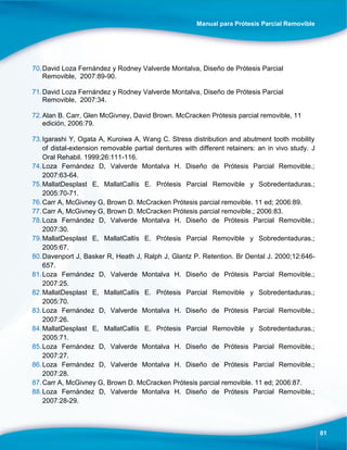 Manual para Prótesis Parcial Removible
81
70.David Loza Fernández y Rodney Valverde Montalva, Diseño de Prótesis Parcial
Removible, 2007:89-90.
71.David Loza Fernández y Rodney Valverde Montalva, Diseño de Prótesis Parcial
Removible, 2007:34.
72.Alan B. Carr, Glen McGivney, David Brown. McCracken Prótesis parcial removible, 11
edición, 2006:79.
73.Igarashi Y, Ogata A, Kuroiwa A, Wang C. Stress distribution and abutment tooth mobility
of distal-extension removable partial dentures with different retainers: an in vivo study. J
Oral Rehabil. 1999;26:111-116.
74.Loza Fernández D, Valverde Montalva H. Diseño de Prótesis Parcial Removible.;
2007:63-64.
75.MallatDesplast E, MallatCallís E. Prótesis Parcial Removible y Sobredentaduras.;
2005:70-71.
76.Carr A, McGivney G, Brown D. McCracken Prótesis parcial removible. 11 ed; 2006:89.
77.Carr A, McGivney G, Brown D. McCracken Prótesis parcial removible.; 2006:83.
78.Loza Fernández D, Valverde Montalva H. Diseño de Prótesis Parcial Removible.;
2007:30.
79.MallatDesplast E, MallatCallís E. Prótesis Parcial Removible y Sobredentaduras.;
2005:67.
80.Davenport J, Basker R, Heath J, Ralph J, Glantz P. Retention. Br Dental J. 2000;12:646-
657.
81.Loza Fernández D, Valverde Montalva H. Diseño de Prótesis Parcial Removible.;
2007:25.
82.MallatDesplast E, MallatCallís E. Prótesis Parcial Removible y Sobredentaduras.;
2005:70.
83.Loza Fernández D, Valverde Montalva H. Diseño de Prótesis Parcial Removible.;
2007:26.
84.MallatDesplast E, MallatCallís E. Prótesis Parcial Removible y Sobredentaduras.;
2005:71.
85.Loza Fernández D, Valverde Montalva H. Diseño de Prótesis Parcial Removible.;
2007:27.
86.Loza Fernández D, Valverde Montalva H. Diseño de Prótesis Parcial Removible.;
2007:28.
87.Carr A, McGivney G, Brown D. McCracken Prótesis parcial removible. 11 ed; 2006:87.
88.Loza Fernández D, Valverde Montalva H. Diseño de Prótesis Parcial Removible.;
2007:28-29.
 