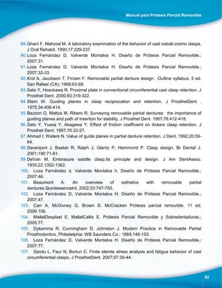 Manual para Prótesis Parcial Removible
82
89.Ghani F, Mahood M. A laboratory examination of the behavior of cast cobalt-cromo clasps.
J Oral Rehabil. 1990;17:229-237.
90.Loza Fernández D, Valverde Montalva H. Diseño de Prótesis Parcial Removible.;
2007:31.
91.Loza Fernández D, Valverde Montalva H. Diseño de Prótesis Parcial Removible.;
2007:32-33.
92.Krol A, Jacobson T, Finzen F. Removable partial denture design: Outline syllabus. 5 ed.
San Rafael (CA); 1999;63-68.
93.Sato Y, Hosokawa R. Proximal plate in conventional circumferential cast clasp retention. J
Prosthet Dent. 2000;83:319-322.
94.Stern W. Guiding planes in clasp reciprocation and retention. J ProsthetDent .
1975;34:408-414.
95.Bezzon O, Mattos M, Ribero R. Surveying removable partial dentures: the importance of
guiding planes and path of insertion for stability. J Prosthet Dent. 1997;78:412-418.
96.Sato Y, Yuasa Y, Akagawa Y. Effect of friction coefficient on Ackers clasp retention. J
Prosthet Dent. 1997;78:22-27.
97.Ahmad I, Waters N. Value of guide planes in partial denture retention. J Dent. 1992;20:59-
64.
98.Davenport J, Basker R, Ralph J, Glantz P, Hammond P. Clasp design. Br Dental J.
2001;190:71-81.
99.DeVan M. Embrasure saddle clasp.Its principle and design. J Am DentAssoc.
1935;22:1352-1362.
100. Loza Fernández d, Valverde Montalva h. Diseño de Prótesis Parcial Removible.;
2007:46.
101. Beaumont A. An overview of esthetics with removable partial
dentures.QuintessenceInt. 2002;33:747-755.
102. Loza Fernández D, Valverde Montalva H. Diseño de Prótesis Parcial Removible.;
2007:47.
103. Carr A, McGivney G, Brown D. McCracken Prótesis parcial removible. 11 ed;
2006:106.
104. MallatDesplast E, MallatCallís E. Prótesis Parcial Removible y Sobredentaduras.;
2005:77.
105. Dykemma R, Cunningham D, Johnston J. Modern Practice in Removable Partial
Prosthodontics. Philadelphia: WB Saunders Co.; 1969;148-153.
106. Loza Fernández D, Valverde Montalva H. Diseño de Prótesis Parcial Removible.;
2007:77.
107. Sandu L, Faur N, Bortun C. Finite elemte stress analysis and fatigue behavior of cast
circumferential clasps. J ProsthetDent. 2007;97:39-44.
 