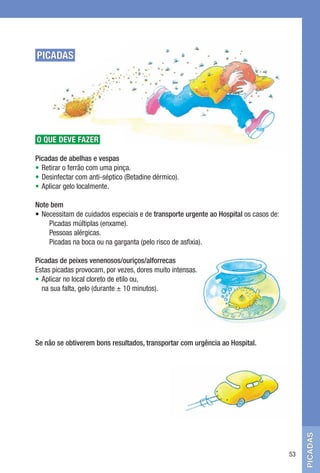 PICADAS




O QUE DEVE FAZER

Picadas de abelhas e vespas
•	 Retirar	o	ferrão	com	uma	pinça.
•	 Desinfectar	com	anti-séptico	(Betadine	dérmico).
•	 Aplicar	gelo	localmente.

Note bem
•	Necessitam	de	cuidados	especiais	e	de	transporte urgente ao Hospital	os	casos	de:
	 	 Picadas	múltiplas	(enxame).
	 	 Pessoas	alérgicas.
	 	 Picadas	na	boca	ou	na	garganta	(pelo	risco	de	asfixia).

Picadas de peixes venenosos/ouriços/alforrecas
Estas	picadas	provocam,	por	vezes,	dores	muito	intensas.
•	 Aplicar	no	local	cloreto	de	etilo	ou,		
   na	sua	falta,	gelo	(durante	±	10	minutos).




Se não se obtiverem bons resultados, transportar com urgência ao Hospital.
                                                                                           picadas




                                                                                      53
 