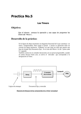 Practica No.5

                                           Los Timers

   Objetivo:

              Que el alumno conozca la operación y sea capaz de programar los
              timers del Micro-1 .

   Desarrollo de la práctica:
              En la figura de abajo mostramos un diagrama funcional de lo que constituye un
              timer ( temporizador). Para cargar el preset e iniciar su operación tiene un
              circuito de lógica permisiva Podemos ver que tiene un reloj que genera una
              base de tiempo fija (frecuencia fija). En el caso del Micro-1 es de 1 pulso cada
              0.1 segundo.
              También consta de un contador decreciente con un preset programable, cuando
              el conteo decrece hasta cero, se activa el relevador que corresponda a la
              designación al Timer.




                                                                          Conteo=0
                                                      Contador
                                                                                       relay
                        Reloj                        decreciente




Lógica de arranque           Frecuencia fija y conocida

           Diagrama de bloques de las componentes de un timer conceptual
 