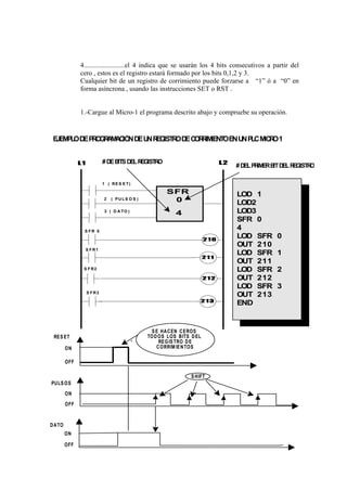 4........................el 4 indica que se usarán los 4 bits consecutivos a partir del
               cero , estos es el registro estará formado por los bits 0,1,2 y 3.
               Cualquier bit de un registro de corrimiento puede forzarse a “1” ó a “0” en
               forma asíncrona , usando las instrucciones SET o RST .


               1.-Cargue al Micro-1 el programa descrito abajo y compruebe su operación.


 E M L DE P O A A IÓ DE U R G O D C R IM NT EN U P M O 1
  JE P O   R GR M C N    N E ISTR E O R IE O    N LC ICR


               L1            # DE B DEL R
                                   ITS   EGIST O
                                              R                                L2
                                                                                    # DEL PRIMER B DEL R
                                                                                                  IT    EGISTRO

                             1 ( RE S E T)

                                                        SFR                         LOD 1
                             2   ( PU LS O S )           0                          LOD2
                             3 ( D A TO )
                                                            4                       LOD3
                                                                                    SFR 0
                S FR 0
                                                                                    4
                                                                         210
                                                                                    LOD SFR       0
                                                                                    OUT 210
                    S F R1
                                                                                    LOD SFR       1
                                                                         211
                                                                                    OUT 211
                S F R2                                                              LOD SFR       2
                                                                         212        OUT 212
                                                                                    LOD SFR       3
                    S F R3
                                                                                    OUT 213
                                                                      213
                                                                                    END


                                                   S E HA C EN C EROS
 RES ET                                          TO D OS LOS BITS D EL
                                                      REG IS TRO D E
         ON                                          C ORRIM IEN TOS

         OFF

                                                                  S HIFT
PU LS O S
         ON
         OFF


D A TO
         ON

         OFF
 