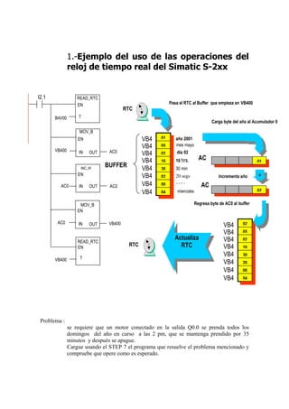 1.-Ejemplo del uso de las operaciones del
               reloj de tiempo real del Simatic S-2xx


I2.1               READ_RTC
                   EN                                    Pasa el RTC al Buffer que empieza en VB400
                                       RTC
       B4V00       T
                                                                                  Carga byte del año al Acumulador 0

                    MOV_B
                   EN                         VB4   01      año 2001
                                              VB4   05      mes mayo
       VB400                    AC0
                   IN   OUT                   VB4   02      día 02
                                              VB4   10      10 hrs.        AC                            01
                    INC_W
                              BUFFER          VB4   30      30 min
                   EN                         VB4   02      20 segs                  Incrementa año       +
         AC0       IN   OUT     AC0           VB4   00                      AC
                                              VB4   04       miercoles                                   02


                    MOV_B                                                Regresa byte de AC0 al buffer
                   EN

        AC0                    VB400
                   IN   OUT                                                             VB4       02
                                                                                        VB4       05
                                                           Actualiza                    VB4       02
                   READ_RTC
                   EN
                                        RTC                  RTC                        VB4       10

                    T
                                                                                        VB4       30
       VB400
                                                                                        VB4       20
                                                                                        VB4       00
                                                                                        VB4       04




 Problema :
               se requiere que un motor conectado en la salida Q0.0 se prenda todos los
               domingos del año en curso a las 2 pm, que se mantenga prendido por 35
               minutos y después se apague.
               Cargue usando el STEP 7 el programa que resuelve el problema mencionado y
               compruebe que opere como es esperado.
 