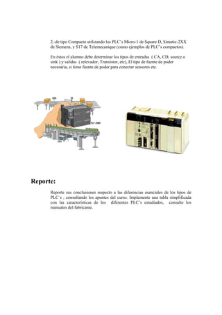2.-de tipo Compacto utilizando los PLC’s Micro-1 de Square D, Simatic-2XX
      de Siemens, y S17 de Telemecanique (como ejemplos de PLC’s compactos).

      En éstos el alumno debe determinar los tipos de entradas ( CA, CD, source o
      sink ) y salidas ( relevador, Transistor, etc), El tipo de fuente de poder
      necesaria, si tiene fuente de poder para conectar sensores etc.




Reporte:
      Reporte sus conclusiones respecto a las diferencias esenciales de los tipos de
      PLC´s , consultando los apuntes del curso. Implemente una tabla simplificada
      con las características de los diferentes PLC’s estudiados, consulte los
      manuales del fabricante.
 
