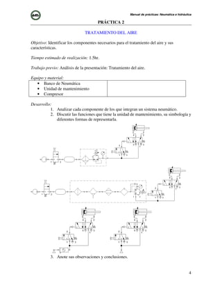 Manual de prácticas: Neumática e hidráulica
4
PRÁCTICA 2
TRATAMIENTO DEL AIRE
Objetivo: Identificar los componentes necesarios para el tratamiento del aire y sus
características.
Tiempo estimado de realización: 1.5hr.
Trabajo previo: Análisis de la presentación: Tratamiento del aire.
Equipo y material:
• Banco de Neumática
• Unidad de mantenimiento
• Compresor
Desarrollo:
1. Analizar cada componente de los que integran un sistema neumático.
2. Discutir las funciones que tiene la unidad de mantenimiento, su simbología y
diferentes formas de representarla.
3. Anote sus observaciones y conclusiones.
 