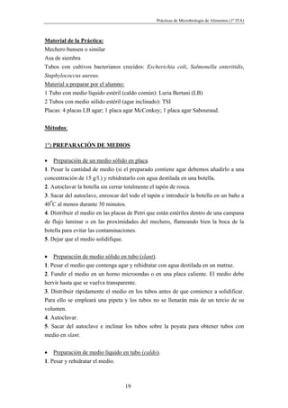 Prácticas de Microbiología de Alimentos (1º ITA)



Material de la Práctica:
Mechero bunsen o similar
Asa de siembra
Tubos con cultivos bacterianos crecidos: Escherichia coli, Salmonella enteritidis,
Staphylococcus aureus.
Material a preparar por el alumno:
1 Tubo con medio líquido estéril (caldo común): Luria Bertani (LB)
2 Tubos con medio sólido estéril (agar inclinado): TSI
Placas: 4 placas LB agar; 1 placa agar McConkey; 1 placa agar Sabouraud.


Métodos:


1º) PREPARACIÓN DE MEDIOS

• Preparación de un medio sólido en placa.
1. Pesar la cantidad de medio (si el preparado contiene agar debemos añadirlo a una
concentración de 15 g/l.) y rehidratarlo con agua destilada en una botella.
2. Autoclavar la botella sin cerrar totalmente el tapón de rosca.
3. Sacar del autoclave, enroscar del todo el tapón e introducir la botella en un baño a
40ºC al menos durante 30 minutos.
4. Distribuir el medio en las placas de Petri que están estériles dentro de una campana
de flujo laminar o en las proximidades del mechero, flameando bien la boca de la
botella para evitar las contaminaciones.
5. Dejar que el medio solidifique.

• Preparación de medio sólido en tubo (slant).
1. Pesar el medio que contenga agar y rehidratar con agua destilada en un matraz.
2. Fundir el medio en un horno microondas o en una placa caliente. El medio debe
hervir hasta que se vuelva transparente.
3. Distribuir rápidamente el medio en los tubos antes de que comience a solidificar.
Para ello se empleará una pipeta y los tubos no se llenarán más de un tercio de su
volumen.
4. Autoclavar.
5. Sacar del autoclave e inclinar los tubos sobre la poyata para obtener tubos con
medio en slant.


• Preparación de medio líquido en tubo (caldo).
1. Pesar y rehidratar el medio.



                                   19
 