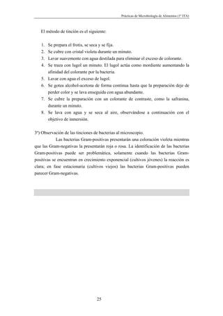 Prácticas de Microbiología de Alimentos (1º ITA)



   El método de tinción es el siguiente:


   1.   Se prepara el frotis, se seca y se fija.
   2.   Se cubre con cristal violeta durante un minuto.
   3.   Lavar suavemente con agua destilada para eliminar el exceso de colorante.
   4.   Se traza con lugol un minuto. El lugol actúa como mordiente aumentando la
        afinidad del colorante por la bacteria.
   5.   Lavar con agua el exceso de lugol.
   6.   Se gotea alcohol-acetona de forma continua hasta que la preparación deje de
        perder color y se lava enseguida con agua abundante.
   7.   Se cubre la preparación con un colorante de contraste, como la safranina,
        durante un minuto.
   8.   Se lava con agua y se seca al aire, observándose a continuación con el
        objetivo de inmersión.


3º) Observación de las tinciones de bacterias al microscopio.
            Las bacterias Gram-positivas presentarán una coloración violeta mientras
que las Gram-negativas la presentarán roja o rosa. La identificación de las bacterias
Gram-positivas puede ser problemática, solamente cuando las bacterias Gram-
positivas se encuentran en crecimiento exponencial (cultivos jóvenes) la reacción es
clara; en fase estacionaria (cultivos viejos) las bacterias Gram-positivas pueden
parecer Gram-negativas.




                                  25
 