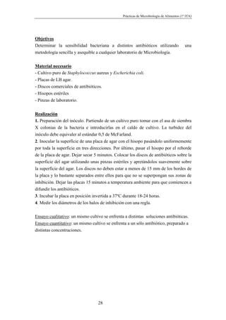 Prácticas de Microbiología de Alimentos (1º ITA)




Objetivos
Determinar la sensibilidad bacteriana a distintos antibióticos utilizando                  una
metodología sencilla y asequible a cualquier laboratorio de Microbiología.


Material necesario
- Cultivo puro de Staphylococcus aureus y Escherichia coli.
- Placas de LB agar.
- Discos comerciales de antibióticos.
- Hisopos estériles
- Pinzas de laboratorio.


Realización
1. Preparación del inóculo. Partiendo de un cultivo puro tomar con el asa de siembra
X colonias de la bacteria e introducirlas en el caldo de cultivo. La turbidez del
inóculo debe equivaler al estándar 0,5 de McFarland.
2. Inocular la superficie de una placa de agar con el hisopo pasándolo uniformemente
por toda la superficie en tres direcciones. Por último, pasar el hisopo por el reborde
de la placa de agar. Dejar secar 5 minutos. Colocar los discos de antibióticos sobre la
superficie del agar utilizando unas pinzas estériles y apretándolos suavemente sobre
la superficie del agar. Los discos no deben estar a menos de 15 mm de los bordes de
la placa y lo bastante separados entre ellos para que no se superpongan sus zonas de
inhibición. Dejar las placas 15 minutos a temperatura ambiente para que comiencen a
difundir los antibióticos.
3. Incubar la placa en posición invertida a 37ºC durante 18-24 horas.
4. Medir los diámetros de los halos de inhibición con una regla.


Ensayo cualitativo: un mismo cultivo se enfrenta a distintas soluciones antibióticas.
Ensayo cuantitativo: un mismo cultivo se enfrenta a un sólo antibiótico, preparado a
distintas concentraciones.




                                   28
 