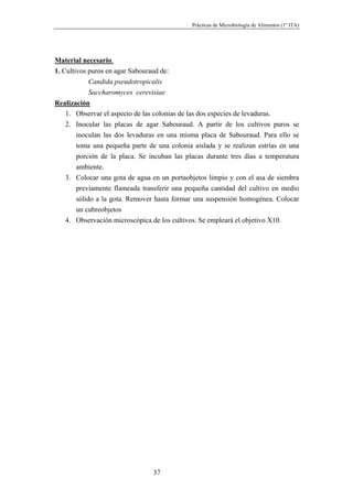 Prácticas de Microbiología de Alimentos (1º ITA)




Material necesario.
1. Cultivos puros en agar Sabouraud de:
           Candida pseudotropicalis
           Saccharomyces cerevisiae
Realización
   1. Observar el aspecto de las colonias de las dos especies de levaduras.
   2. Inocular las placas de agar Sabouraud. A partir de los cultivos puros se
       inoculan las dos levaduras en una misma placa de Sabouraud. Para ello se
       toma una pequeña parte de una colonia aislada y se realizan estrías en una
       porción de la placa. Se incuban las placas durante tres días a temperatura
       ambiente.
   3. Colocar una gota de agua en un portaobjetos limpio y con el asa de siembra
       previamente flameada transferir una pequeña cantidad del cultivo en medio
       sólido a la gota. Remover hasta formar una suspensión homogénea. Colocar
       un cubreobjetos
   4. Observación microscópica de los cultivos. Se empleará el objetivo X10.




                                 37
 