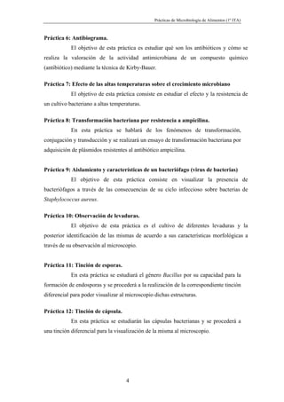Prácticas de Microbiología de Alimentos (1º ITA)



Práctica 6: Antibiograma.
            El objetivo de esta práctica es estudiar qué son los antibióticos y cómo se
realiza la valoración de la actividad antimicrobiana de un compuesto químico
(antibiótico) mediante la técnica de Kirby-Bauer.

Práctica 7: Efecto de las altas temperaturas sobre el crecimiento microbiano
            El objetivo de esta práctica consiste en estudiar el efecto y la resistencia de
un cultivo bacteriano a altas temperaturas.

Práctica 8: Transformación bacteriana por resistencia a ampicilina.
            En esta práctica se hablará de los fenómenos de transformación,
conjugación y transducción y se realizará un ensayo de transformación bacteriana por
adquisición de plásmidos resistentes al antibiótico ampicilina.


Práctica 9: Aislamiento y características de un bacteriófago (virus de bacterias)
            El objetivo de esta práctica consiste en visualizar la presencia de
bacteriófagos a través de las consecuencias de su ciclo infeccioso sobre bacterias de
Staphylococcus aureus.

Práctica 10: Observación de levaduras.
            El objetivo de esta práctica es el cultivo de diferentes levaduras y la
posterior identificación de las mismas de acuerdo a sus características morfológicas a
través de su observación al microscopio.


Práctica 11: Tinción de esporas.
            En esta práctica se estudiará el género Bacillus por su capacidad para la
formación de endosporas y se procederá a la realización de la correspondiente tinción
diferencial para poder visualizar al microscopio dichas estructuras.

Práctica 12: Tinción de cápsula.
            En esta práctica se estudiarán las cápsulas bacterianas y se procederá a
una tinción diferencial para la visualización de la misma al microscopio.




                                    4
 