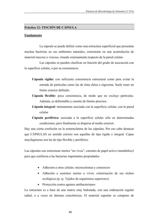 Prácticas de Microbiología de Alimentos (1º ITA)




Práctica 12: TINCIÓN DE CÁPSULA

Fundamento


              La cápsula se puede definir como una estructura superficial que presentan
muchas bacterias en sus ambientes naturales, consistente en una acumulación de
material mucoso o viscoso, situado externamente respecto de la pared celular.
              Las cápsulas se pueden clasificar en función del grado de asociación con
la superficie celular, o por su consistencia:


      Cápsula rígida: con suficiente consistencia estructural como para evitar la
              entrada de partículas como las de tinta china o nigrosina. Suele tener un
              límite exterior definido.
      Cápsula flexible: poca consistencia, de modo que no excluye partículas.
              Además, es deformable y carente de límites precisos.
      Cápsula integral: íntimamente asociada con la superficie celular, con la pared
              celular
      Cápsula periférica: asociada a la superficie celular sólo en determinadas
              condiciones, pero finalmente se dispersa al medio exterior.
Hay una cierta confusión en la nomenclatura de las cápsulas. Por eso cabe destacar
que CÁPSULAS en sentido estricto son aquellas de tipo rígido e integral. Capas
mucilaginosas son las de tipo flexible y periférico.


Las cápsulas son estructuras inertes “no vivas”, carentes de papel activo (metabólico)
pero que confieren a las bacterias importantes propiedades:


          •     Adhesión a otras células: microcolonias y consorcios
          •     Adhesión a sustratos inertes o vivos: colonización de sus nichos
                ecológicos (p. ej. Tejidos de organismos superiores)
          •     Protección contra agentes antibacterianos
La estructura es a base de una matriz muy hidratada, con una ordenación regular
radial, o a veces en láminas concéntricas. El material capsular se compone de




                                     40
 