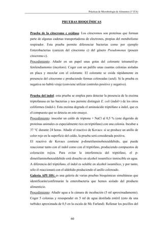 Prácticas de Microbiología de Alimentos (1º ITA)



                          PRUEBAS BIOQUÍMICAS


Prueba de la citocromo c oxidasa: Los citocromos son proteínas que forman
parte de algunas cadenas transportadoras de electrones, propias del metabolismo
respirador. Esta prueba permite diferenciar bacterias como por ejemplo
Enterobacterias (carecen del citocromo c) del género Pseudomonas (poseen
citocromo c).
Procedimiento: Añadir en un papel unas gotas del colorante tetrametil-p-
fenilendiamonio (incoloro). Coger con un palillo unas cuantas colonias aisladas
en placa y mezclar con el colorante. El colorante se oxida rápidamente en
presencia del citocromo c produciendo formas coloreadas (azul). Si la prueba es
negativa no habrá viraje (conviene utilizar controles positivo y negativo).


Prueba del indol: esta prueba se emplea para detectar la presencia de la enzima
triptofanasa en las bacterias y nos permite distinguir E. coli (indol+) de los otros
coliformes (indol-). Esta enzima degrada el aminoácido triptófano a indol, que es
el compuesto que se detecta en este ensayo.
Procedimiento: inocular un caldo de triptona + NaCl al 0,5 % (este digerido de
proteínas animales es especialmente rico en triptófano) con una colonia. Incubar a
37 °C durante 24 horas. Añadir el reactivo de Kovacs: si se produce un anillo de
color rojo en la superficie del caldo, la prueba será considerada positiva.
El reactivo de Kovacs contiene p-dimetilaminobenzaldehido, que puede
reaccionar tanto con el indol como con el triptófano, produciendo compuestos de
coloración     rojiza.   Para   evitar   la   interferencia    del     triptófano,     el    p-
dimetilaminobenzaldehido está disuelto en alcohol isoamílico inmiscible en agua.
A diferencia del triptófano, el indol es soluble en alcohol isoamílico, y por tanto,
sólo él reaccionará con el aldehído produciendo el anillo coloreado.
Galería API 10S: es una galería de varias pruebas bioquímicas simultáneas que
identificarán/confirmarán la enterobacteria que hemos aislado del producto
alimenticio.
Procedimiento: Añadir agua a la cámara de incubación (5 ml aproximadamente).
Coger 5 colonias y resuspender en 5 ml de agua destilada estéril (esto da una
turbidez aproximada de 0,5 en la escala de Mc Farland). Rellenar los pocillos del



                                 60
 