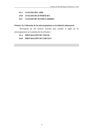 Prácticas de Microbiología de Alimentos (1º ITA)



     15-A    ANÁLISIS DEL AIRE
     15-B    ANÁLISIS DE SUPERFICIES
     15-C    ANÁLISIS DE MANIPULADORES


Práctica 16: Utilización de los microorganismos en la industria alimentaria
      Descripción de dos técnicas sencillas para estudiar el papel de los
microorganismos en la producción de alimentos.
     16-A    PREPARACIÓN DE YOGUR
     16-B    PREPARACIÓN DE CERVEZA




                                 7
 