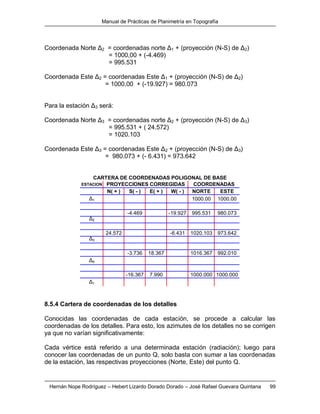 Manual de Prácticas de Planimetría en Topografía
Hernán Nope Rodríguez – Hebert Lizardo Dorado Dorado – José Rafael Guevara Quintana 99
Coordenada Norte Δ2 = coordenadas norte Δ1 + (proyección (N-S) de Δ2)
= 1000,00 + (-4.469)
= 995.531
Coordenada Este Δ2 = coordenadas Este Δ1 + (proyección (N-S) de Δ2)
= 1000,00 + (-19.927) = 980.073
Para la estación Δ3 será:
Coordenada Norte Δ3 = coordenadas norte Δ2 + (proyección (N-S) de Δ3)
= 995.531 + ( 24.572)
= 1020.103
Coordenada Este Δ3 = coordenadas Este Δ2 + (proyección (N-S) de Δ3)
= 980.073 + (- 6.431) = 973.642
ESTACION
N( + ) S( - ) E( + ) W( - ) NORTE ESTE
Δ1 1000.00 1000.00
-4.469 -19.927 995.531 980.073
Δ2
24.572 -6.431 1020.103 973.642
Δ3
-3.736 18.367 1016.367 992.010
Δ4
-16.367 7.990 1000.000 1000.000
Δ1
PROYECCIONES CORREGIDAS COORDENADAS
CARTERA DE COORDENADAS POLIGONAL DE BASE
8.5.4 Cartera de coordenadas de los detalles
Conocidas las coordenadas de cada estación, se procede a calcular las
coordenadas de los detalles. Para esto, los azimutes de los detalles no se corrigen
ya que no varían significativamente:
Cada vértice está referido a una determinada estación (radiación); luego para
conocer las coordenadas de un punto Q, solo basta con sumar a las coordenadas
de la estación, las respectivas proyecciones (Norte, Este) del punto Q.
 