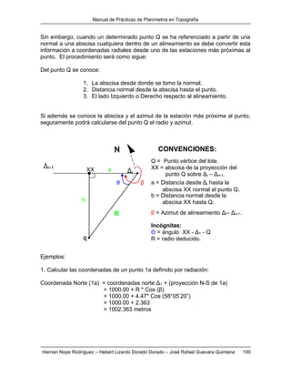 Manual de Prácticas de Planimetría en Topografía
Hernán Nope Rodríguez – Hebert Lizardo Dorado Dorado – José Rafael Guevara Quintana 100
Sin embargo, cuando un determinado punto Q se ha referenciado a partir de una
normal a una abscisa cualquiera dentro de un alineamiento se debe convertir esta
información a coordenadas radiales desde uno de las estaciones más próximas al
punto. El procedimiento será como sigue:
Del punto Q se conoce:
1. La abscisa desde donde se tomo la normal.
2. Distancia normal desde la abscisa hasta el punto.
3. El lado Izquierdo o Derecho respecto al alineamiento.
Si además se conoce la abscisa y el azimut de la estación más próxima al punto,
seguramente podrá calcularse del punto Q el radio y azimut.
Ejemplos:
1. Calcular las coordenadas de un punto 1a definido por radiación:
Coordenada Norte (1a) = coordenadas norte Δ1 + (proyección N-S de 1a)
= 1000.00 + R * Cos (β)
= 1000.00 + 4.47* Cos (58°05’20”)
= 1000.00 + 2.363
= 1002.363 metros
Q
b = Distancia normal desde la
abscisa XX hasta Q.
a
θ
Incógnitas:
Θ = ángulo XX - Δ1 - Q
R = radio deducido.
CONVENCIONES:
a = Distancia desde Δi hasta la
abscisa XX normal al punto Q.
Δi+1
Q = Punto vértice del lote.
XX = abscisa de la proyección del
punto Q sobre Δi – Δi+1.
Δi
N
b
XX
β
β = Azimut de alineamiento Δi– Δi+1.R
 