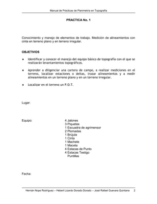 Manual de Prácticas de Planimetría en Topografía
Hernán Nope Rodríguez – Hebert Lizardo Dorado Dorado – José Rafael Guevara Quintana 2
PRACTICA No. 1
Conocimiento y manejo de elementos de trabajo. Medición de alineamientos con
cinta en terreno plano y en terreno irregular.
OBJETIVOS
 Identificar y conocer el manejo del equipo básico de topografía con el que se
realizarán levantamientos topográficos.
 Aprender a diligenciar una cartera de campo, a realizar mediciones en el
terreno, localizar estaciones o deltas, trazar alineamientos y a medir
alineamientos en un terreno plano y en un terreno irregular.
 Localizar en el terreno un P.O.T.
Lugar:
Equipo: 4 Jalones
3 Piquetes
1 Escuadra de agrimensor
2 Plomadas
1 Brújula
1 Cinta
1 Machete
1 Maceta
4 Estacas de Punto
4 Estacas Testigo
Puntillas
Fecha:
 