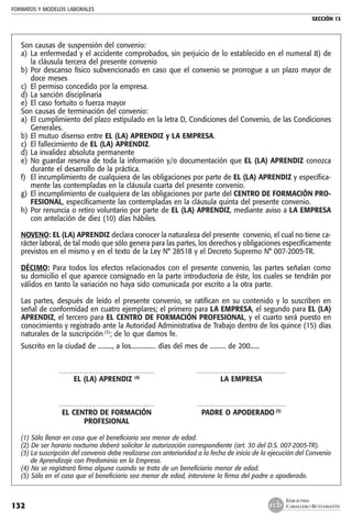 FORMATOS Y MODELOS LABORALES
SECCIÓN 13
EDICIONES
CABALLERO BUSTAMANTE132
Son causas de suspensión del convenio:
a) 	La enfermedad y el accidente comprobados, sin perjuicio de lo establecido en el numeral 8) de
la cláusula tercera del presente convenio
b) 	Por descanso físico subvencionado en caso que el convenio se prorrogue a un plazo mayor de
doce meses
c) 	El permiso concedido por la empresa.
d) 	La sanción disciplinaria
e) 	El caso fortuito o fuerza mayor
Son causas de terminación del convenio:
a) 	El cumplimiento del plazo estipulado en la letra D, Condiciones del Convenio, de las Condiciones
Generales.
b) 	El mutuo disenso entre EL (LA) APRENDIZ y LA EMPRESA.
c) 	El fallecimiento de EL (LA) APRENDIZ.
d) 	La invalidez absoluta permanente
e) 	No guardar reserva de toda la información y/o documentación que EL (LA) APRENDIZ conozca
durante el desarrollo de la práctica.
f) 	El incumplimiento de cualquiera de las obligaciones por parte de EL (LA) APRENDIZ y específica-
mente las contempladas en la cláusula cuarta del presente convenio.
g) 	El incumplimiento de cualquiera de las obligaciones por parte del CENTRO DE FORMACIÓN PRO-
FESIONAL, específicamente las contempladas en la cláusula quinta del presente convenio.
h) 	Por renuncia o retiro voluntario por parte de EL (LA) APRENDIZ, mediante aviso a LA EMPRESA
con antelación de diez (10) días hábiles.
NOVENO: EL (LA) APRENDIZ declara conocer la naturaleza del presente convenio, el cual no tiene ca-
rácter laboral, de tal modo que sólo genera para las partes, los derechos y obligaciones específicamente
previstos en el mismo y en el texto de la Ley N° 28518 y el Decreto Supremo N° 007-2005-TR.
DÉCIMO: Para todos los efectos relacionados con el presente convenio, las partes señalan como
su domicilio el que aparece consignado en la parte introductoria de éste, los cuales se tendrán por
válidos en tanto la variación no haya sido comunicada por escrito a la otra parte.
Las partes, después de leído el presente convenio, se ratifican en su contenido y lo suscriben en
señal de conformidad en cuatro ejemplares; el primero para LA EMPRESA, el segundo para EL (LA)
APRENDIZ, el tercero para EL CENTRO DE FORMACIÓN PROFESIONAL, y el cuarto será puesto en
conocimiento y registrado ante la Autoridad Administrativa de Trabajo dentro de los quince (15) días
naturales de la suscripción (3)
; de lo que damos fe.
Suscrito en la ciudad de ........., a los................ días del mes de .......... de 200......
	 ……………………………………	 …………………………………
	 EL (LA) APRENDIZ (4)
	 LA EMPRESA
	 ……………………………………	 …………………………………
	 EL CENTRO DE FORMACIÓN 	 PADRE O APODERADO (5)
	 PROFESIONAL
(1) Sólo llenar en caso que el beneficiario sea menor de edad.
(2) De ser horario nocturno deberá solicitar la autorización correspondiente (art. 30 del D.S. 007-2005-TR).
(3) La suscripción del convenio debe realizarse con anterioridad a la fecha de inicio de la ejecución del Convenio
de Aprendizaje con Predominio en la Empresa.
(4) No se registrará firma alguna cuando se trata de un beneficiario menor de edad.
(5) Sólo en el caso que el beneficiario sea menor de edad, interviene la firma del padre o apoderado.
 