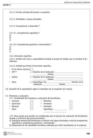 MODELOS DE MODALIDADES FORMATIVAS
SECCIÓN 13
165
EDICIONES
CABALLERO BUSTAMANTE
	
	 2.5.1.2. Función principal del puesto u ocupación.
	 2.5.1.3. Actividades o tareas principales.
	 2.5.1.4. Competencias a desarrollar (6)
	
	 2.5.1.4.1. Competencias específicas (7)
	 a)
	 b)
	 c)
	 2.5.1.4.2. Competencias genéricas o transversales (8)
.
	 a)
	 b)
	 c)
	 2.5.2. Formación especifica
	 2.5.2.1. Nombre del curso o especialidad vinculada al puesto de trabajo que se brindará al be-
neficiario.
	 2.5.2.2. Entidad que brinda la formación especifica.
• 	 En la misma empresa
• 	 CFP (9)
	 Nombre de la institución: _______________________________
		 _______________ Distrito ________________________________
• 	 Ambos 	 Nombre de la institución: _______________________________
		 _______________ Distrito ________________________________
• 	 Otros 	 Especifique: Tip ___________________________ Nombre de la
		 Institución __________________ Distrito ___________________
2.6.	 Duración de la capacitación según la naturaleza de la ocupación (en meses).
2.7. 	Monitoreo y evaluación
	 2.7.1. Periodicidad del monitoreo y evaluación del beneficiario.
• 	 Semanal 	 • 	 Bimestral
• 	 Quincenal 	 • 	 Trimestral
• 	 Mensual 	 • 	 Semestral
• 	 Otros 	 	 Especifique _______________
			 _________________________
	 2.7.2. Otras pautas que puedan ser consideradas para el proceso de evaluación del beneficiario
durante y al término del proceso formativo:
a) 	Evaluación personal del beneficiario en relación a los logros alcanzados a nivel de competencias
específicas y competencias genéricas / transversales.
b) 	Observación de las actividades formativas realizadas por el/los beneficiarios en la empresa:
 