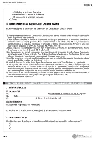 FORMATOS Y MODELOS LABORALES
SECCIÓN 13
EDICIONES
CABALLERO BUSTAMANTE166
	 •	Calidad de la actividad formativa
	 •	Pertinencia de la actividad formativa
	 •	Resultados de la actividad formativa
c) 	Otros.
III. CERTIFICACIÓN DE LA CAPACITACIÓN LABORAL JUVENIL
3.1. Requisitos para la obtención del certificado de Capacitación Laboral Juvenil
(1) El Programa Extraordinario de Capacitación Laboral Juvenil deberá contener tantos planes de capacitación
como ocupaciones a ser cubiertas.
(2) Debe coincidir conforme al listado de ocupaciones Básicas y/u Operativas de la modalidad formativa de
capacitación laboral juvenil, que como Anexo se encuentra en el D.S. Nº 007-2005-TR. Si se presentase una
denominación de la ocupación no incluida en el listado, se deberá anexar el formato de “Nuevas Ocupacio-
nes” según lo dispuesto en el Art. 17 del citado D.S. Nº 007-2005-TR.
(3)	Cada ocupación señalada deberá tener un plan de capacitación, el mismo que debe contener como mínimo
lo señalado en los ítems II: 2.1, 2.2, 2.3, 2.4, 2.5 y 2.6.
(4) La denominación del plan de capacitación debe estar ligada a la ocupación. Ejemplo: Plan de Capacitación
para Ayudantes de Tintorero de tejidos, Plan de Capacitación para Ayudantes en Clasificado de Documentos,
Plan de Capacitación para Aprendiz en Cortador de Chapa de Madera, etc.
(5) Se debe tomar como referencia los objetivos planteados para la modalidad formativa de Capacitación Laboral
Juvenil, establecidos en el Art. 16 de la Ley Nº 28518.
(6) Señala la información básica de los logros formativos que obtendrá el beneficiario en su capacitación.
(7) Son aquellas relacionadas con aspectos técnicos propias de cada ocupación y, que al finalizar el proceso
formativo, deben de ser del dominio de los beneficiarios de la Capacitación Laboral Juvenil. Si el plan de
Capacitación es para formar Ayudantes Electricistas, algunos ejemplos de competencias específicas pueden
ser: interpreta planos y diagramas eléctricos, identifica averías de sistemas eléctricos, etc.
(8) Relacionadas a los comportamientos y actitudes laborales propios que el beneficiario desarrollará en la
actividad formativa laboral. Por ejemplo: Trabajo en equipo, comunicación, etc.
(9) Centro de Formación Profesional.
20. PLAN DE ENTRENAMIENTO Y ACTUALIZACIÓN PARA LA REINSERCIÓN LABORAL
I.	 DATOS GENERALES
DE LA EMPRESA
1.1.	Denominación o Razón Social de la Empresa: _ Denominación o Razón Social de la Empresa:_ _________________________________
1.2.	RUC:_ RUC:________________________________________________________________________
1.3.	Actividad Económica Principal:_ Actividad Económica Principal:_________________________________________________
DEL BENEFICIARIO
1.1.	 Nombres y Apellidos del beneficiario
1.2.	 Ocupación o puesto a ser ocupado para el entrenamiento y actualización
II.	 OBJETIVO DEL PLAN
2.1.	 Objetivos que debe lograr el beneficiario al término de su formación en la empresa (1)
	 a)
	 b)
	 c)
 
