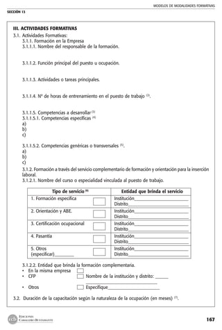 MODELOS DE MODALIDADES FORMATIVAS
SECCIÓN 13
167
EDICIONES
CABALLERO BUSTAMANTE
III.	ACTIVIDADES FORMATIVAS
3.1.	 Actividades Formativas:
	 3.1.1. Formación en la Empresa
	 3.1.1.1. Nombre del responsable de la formación.
	
	 3.1.1.2. Función principal del puesto u ocupación.
	 3.1.1.3. Actividades o tareas principales.
	 3.1.1.4. Nº de horas de entrenamiento en el puesto de trabajo (2)
.
	 3.1.1.5. Competencias a desarrollar (3)
	 3.1.1.5.1. Competencias específicas (4)
	 a)
	 b)
	 c)
	 3.1.1.5.2. Competencias genéricas o transversales (5)
.
	 a)
	 b)
	 c)
	 3.1.2. Formación a través del servicio complementario de formación y orientación para la inserción
laboral.
	 3.1.2.1. Nombre del curso o especialidad vinculada al puesto de trabajo.
		
	 Tipo de servicio (6)
	 Entidad que brinda el servicio
	 1. Formación especifica 	 Institución_________________________
		 Distrito____________________________
	 2. Orientación y ABE. 	 Institución_________________________
		 Distrito____________________________
	 3. Certificación ocupacional 	 Institución_________________________
		 Distrito____________________________
	 4. Pasantía 	 Institución_________________________
		 Distrito____________________________
	 5. Otros 	 Institución_________________________
	 (especificar)_________ 	 Distrito____________________________
	
	 3.1.2.2. Entidad que brinda la formación complementaria.
• 	 En la misma empresa
• 	 CFP 	 Nombre de la institución y distrito: ______
		 _________________________________
• 	 Otros 	 Especifique________________________
3.2. Duración de la capacitación según la naturaleza de la ocupación (en meses) (7)
.
 