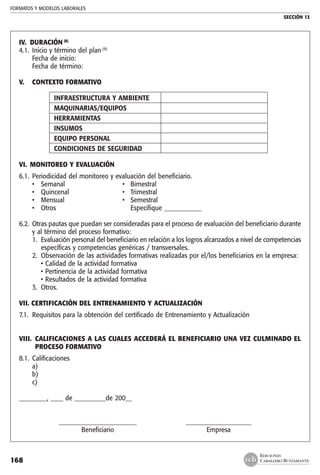 FORMATOS Y MODELOS LABORALES
SECCIÓN 13
EDICIONES
CABALLERO BUSTAMANTE168
IV.	 DURACIÓN (8)
4.1.	 Inicio y término del plan (9)
	 Fecha de inicio:
	 Fecha de término:
V.	 CONTEXTO FORMATIVO
	 INFRAESTRUCTURA Y AMBIENTE
	 MAQUINARIAS/EQUIPOS
	 HERRAMIENTAS
	 INSUMOS
	 EQUIPO PERSONAL
	 CONDICIONES DE SEGURIDAD
VI.	 MONITOREO Y EVALUACIÓN
6.1.	 Periodicidad del monitoreo y evaluación del beneficiario.
• 	 Semanal 	 • 	 Bimestral
• 	 Quincenal 	 • 	 Trimestral
• 	 Mensual 	 • 	 Semestral
• 	 Otros 	 	 Especifique ____________
6.2.	 Otras pautas que puedan ser consideradas para el proceso de evaluación del beneficiario durante
y al término del proceso formativo:
1. 	Evaluación personal del beneficiario en relación a los logros alcanzados a nivel de competencias
específicas y competencias genéricas / transversales.
2. 	Observación de las actividades formativas realizadas por el/los beneficiarios en la empresa:
	 • 	Calidad de la actividad formativa
	 • 	Pertinencia de la actividad formativa
	 • 	Resultados de la actividad formativa
3. 	Otros.
VII. CERTIFICACIÓN DEL ENTRENAMIENTO Y ACTUALIZACIÓN
7.1. 	Requisitos para la obtención del certificado de Entrenamiento y Actualización
VIII.	 CALIFICACIONES A LAS CUALES ACCEDERÁ EL BENEFICIARIO UNA VEZ CULMINADO EL
PROCESO FORMATIVO
8.1.	 Calificaciones
	 a)
	 b)
	 c)
_________, ____ de __________de 200__
	 _________________________ 	 _____________________
	 Beneficiario 	 Empresa
 