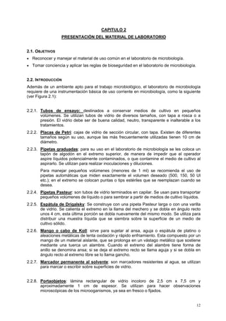 CAPITULO 2
                  PRESENTACIÓN DEL MATERIAL DE LABORATORIO


2.1. OBJETIVOS
• Reconocer y manejar el material de uso común en el laboratorio de microbiología.
• Tomar conciencia y aplicar las reglas de bioseguridad en el laboratorio de microbiología.


2.2. INTRODUCCIÓN
Además de un ambiente apto para el trabajo microbiológico, el laboratorio de microbiología
requiere de una instrumentación básica de uso corriente en microbiología, como la siguiente
(ver Figura 2.1):


2.2.1. Tubos de ensayo: destinados a conservar medios de cultivo en pequeños
       volúmenes. Se utilizan tubos de vidrio de diversos tamaños, con tapa a rosca o a
       presión. El vidrio debe ser de buena calidad, neutro, transparente e inalterable a los
       tratamientos.
2.2.2. Placas de Petri: cajas de vidrio de sección circular, con tapa. Existen de diferentes
       tamaños según su uso, aunque las más frecuentemente utilizadas tienen 10 cm de
       diámetro.
2.2.3. Pipetas graduadas: para su uso en el laboratorio de microbiología se les coloca un
       tapón de algodón en el extremo superior, de manera de impedir que el operador
       aspire líquidos potencialmente contaminados, o que contamine el medio de cultivo al
       aspirarlo. Se utilizan para realizar inoculaciones y diluciones.
       Para manejar pequeños volúmenes (menores de 1 ml) se recomienda el uso de
       pipetas automáticas que miden exactamente el volumen deseado (500, 150, 50 Ul
       etc.); en el extremo se colocan puntas o tips estériles que se reemplazan cuando se
       desea.
2.2.4. Pipetas Pasteur: son tubos de vidrio terminados en capilar. Se usan para transportar
       pequeños volúmenes de líquido o para sembrar a partir de medios de cultivo líquidos.
2.2.5. Espátula de Drigalsky: Se construye con una pipeta Pasteur larga o con una varilla
       de vidrio. Se calienta el extremo en la llama del mechero y se dobla en ángulo recto
       unos 4 cm, esta última porción se dobla nuevamente del mismo modo. Se utiliza para
       distribuir una muestra líquida que se siembra sobre la superficie de un medio de
       cultivo sólido.
2.2.6. Mango o cabo de Koll: sirve para sujetar al ansa, aguja o espátula de platino o
       aleaciones metálicas de lenta oxidación y rápido enfriamiento. Esta compuesto por un
       mango de un material aislante, que se prolonga en un vástago metálico que sostiene
       mediante una tuerca un alambre. Cuando el extremo del alambre tiene forma de
       anillo se denomina ansa; si se deja el extremo recto se llama aguja y si se dobla en
       ángulo recto al extremo libre se lo llama gancho.
2.2.7. Marcador permanente al solvente: son marcadores resistentes al agua, se utilizan
       para marcar o escribir sobre superficies de vidrio.


2.2.8. Portaobjetos: lámina rectangular de vidrio incoloro de 2,5 cm x 7,5 cm y
       aproximadamente 1 cm de espesor. Se utilizan para hacer observaciones
       microscópicas de los microoganismos, ya sea en fresco o fijados.


                                                                                              12
 