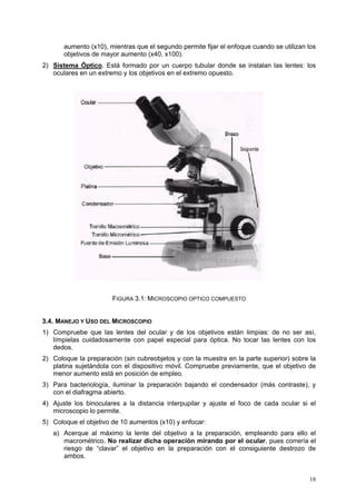 aumento (x10), mientras que el segundo permite fijar el enfoque cuando se utilizan los
       objetivos de mayor aumento (x40, x100).
2) Sistema Óptico. Está formado por un cuerpo tubular donde se instalan las lentes: los
   oculares en un extremo y los objetivos en el extremo opuesto.




                       FIGURA 3.1: MICROSCOPIO OPTICO COMPUESTO


3.4. MANEJO Y USO DEL MICROSCOPIO
1) Compruebe que las lentes del ocular y de los objetivos están limpias: de no ser así,
   límpielas cuidadosamente con papel especial para óptica. No tocar las lentes con los
   dedos.
2) Coloque la preparación (sin cubreobjetos y con la muestra en la parte superior) sobre la
   platina sujetándola con el dispositivo móvil. Compruebe previamente, que el objetivo de
   menor aumento está en posición de empleo.
3) Para bacteriología, iluminar la preparación bajando el condensador (más contraste), y
   con el diafragma abierto.
4) Ajuste los binoculares a la distancia interpupilar y ajuste el foco de cada ocular si el
   microscopio lo permite.
5) Coloque el objetivo de 10 aumentos (x10) y enfocar:
   a) Acerque al máximo la lente del objetivo a la preparación, empleando para ello el
      macrométrico. No realizar dicha operación mirando por el ocular, pues correría el
      riesgo de “clavar” el objetivo en la preparación con el consiguiente destrozo de
      ambos.


                                                                                          18
 